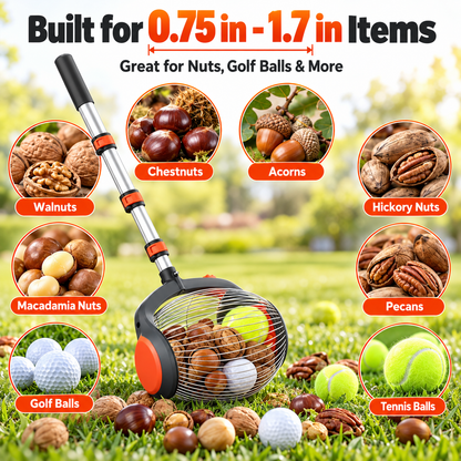 Telescopic Nut Gatherer Roller – Foot-Release Walnut & Acorn Picker with Side-Opening Basket