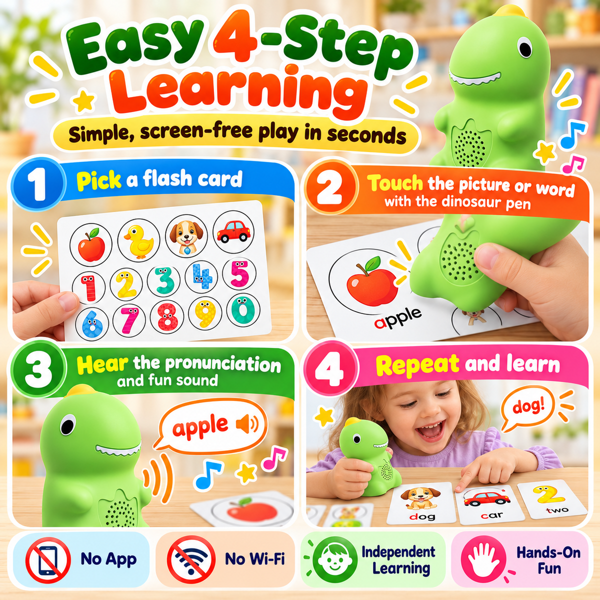 Dinosaur Talking Learning Pen with Phonics Cards – Screen-Free ABC, 123, Sight Words & Vocabulary Learning Toy for Kids