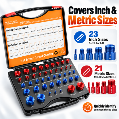 26/44-Piece Nut & Bolt Thread Checker Set – Metric & SAE Thread Gauge with Portable Carrying Case