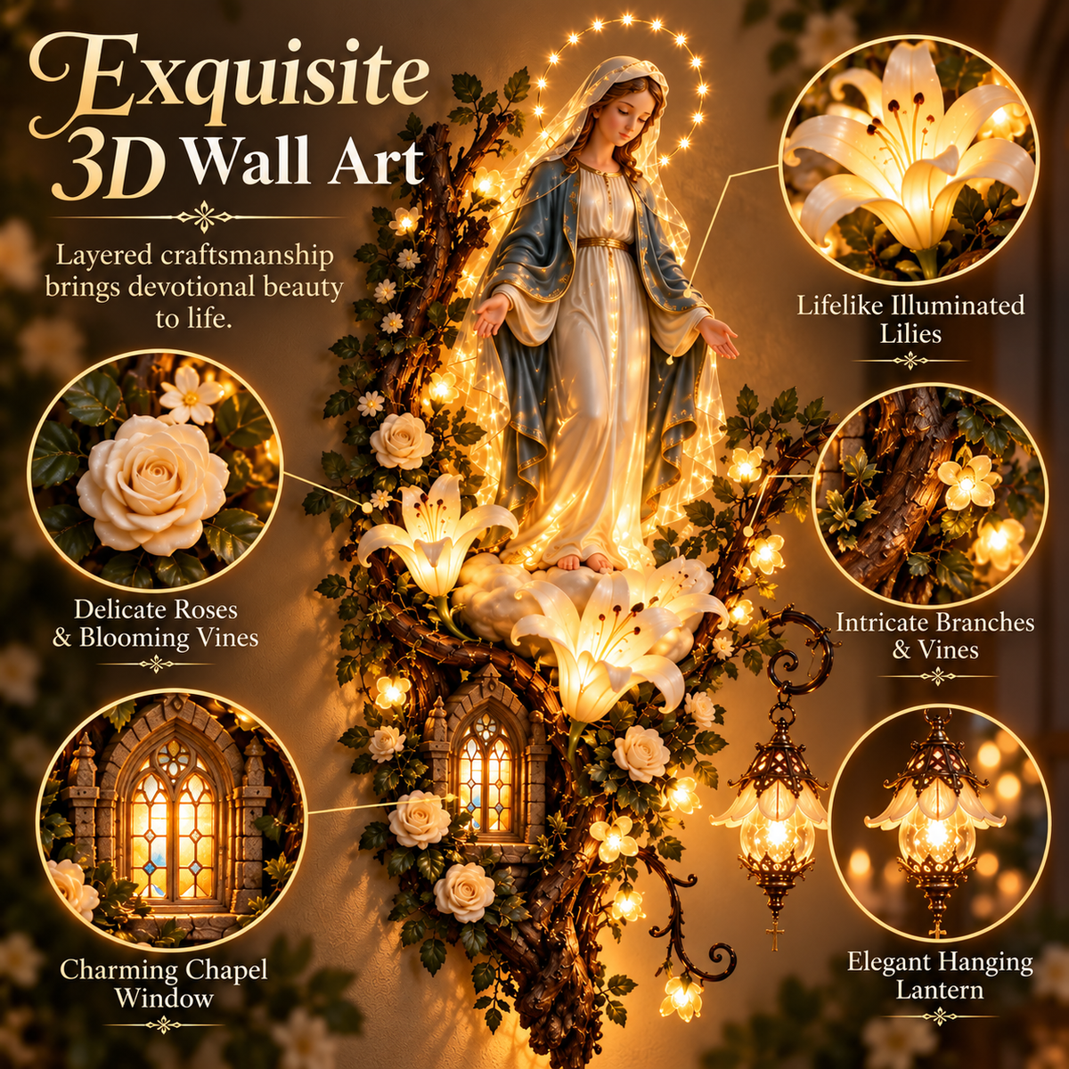 Blessed Mother Lighted Wall Décor – Virgin Mary 3D Religious Wall Art with Warm Ambient Glow & Floral Details