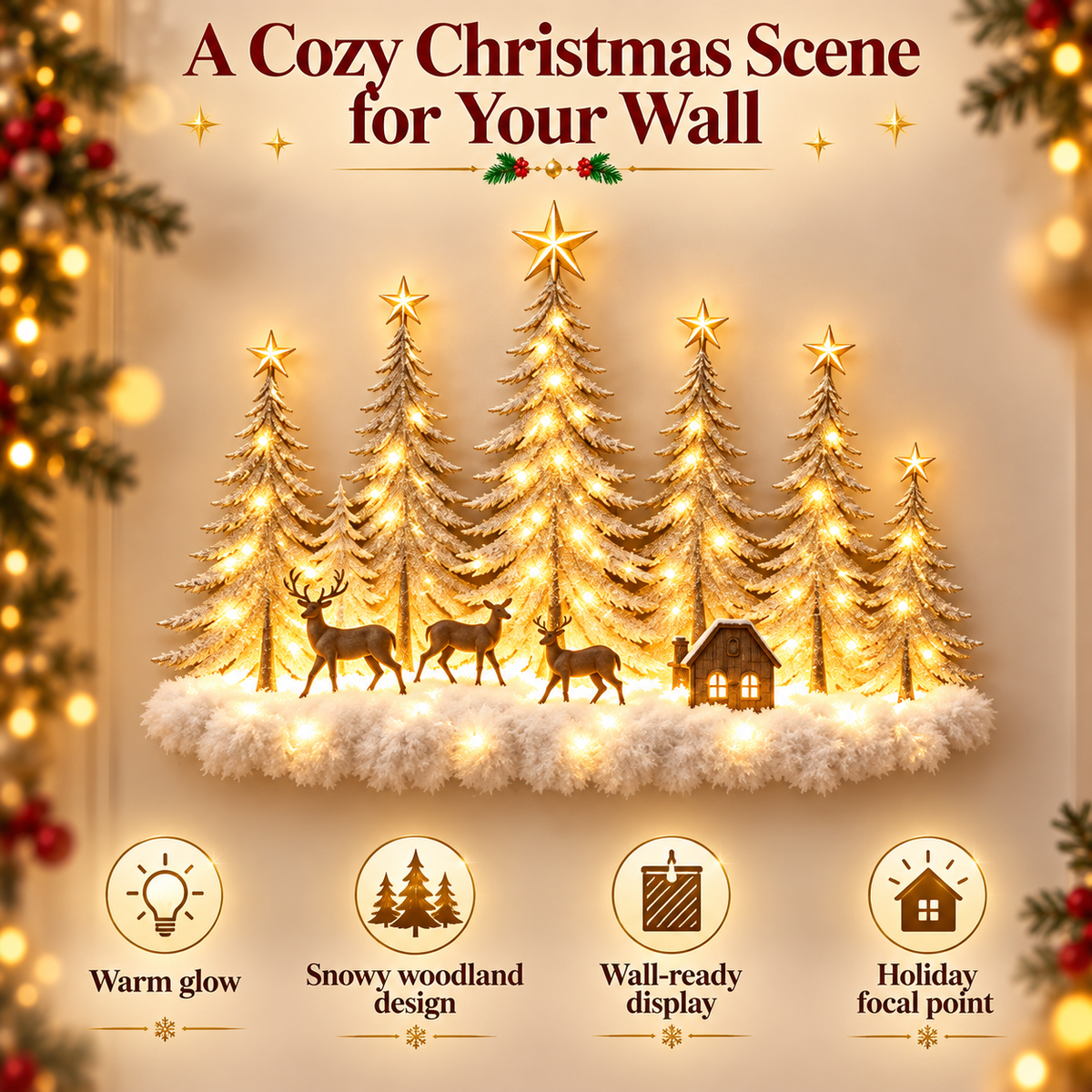 🌲 Lighted Winter Woodland Forest Wall Decor – Warm LED Christmas Tree, Deer & Cottage Scene
