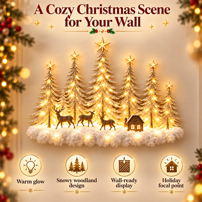 🌲 Lighted Winter Woodland Forest Wall Decor – Warm LED Christmas Tree, Deer & Cottage Scene