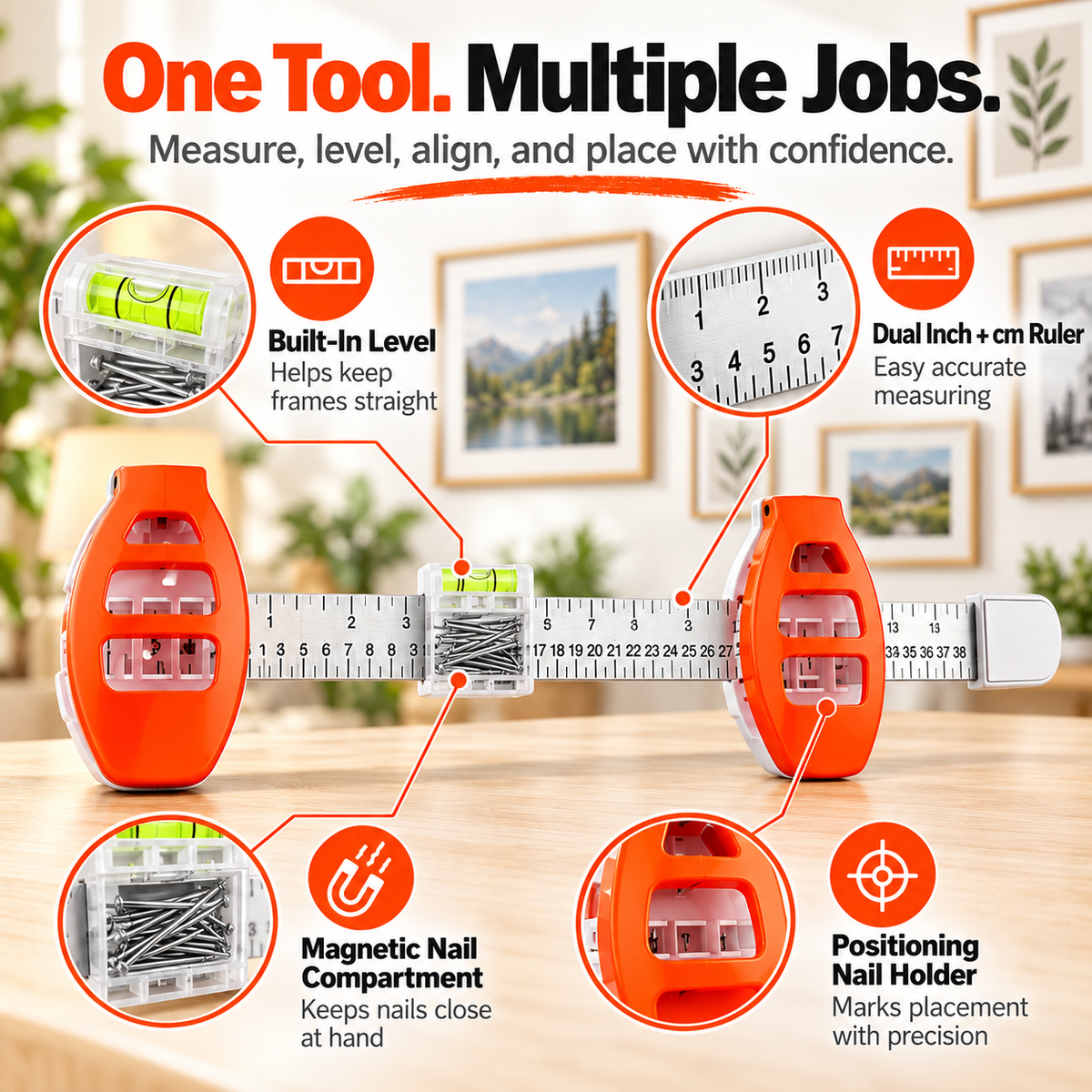 All-in-One Picture Hanging Tool with Level & Ruler – Dual Nail Positioning Frame Alignment Guide