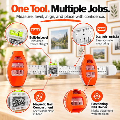 All-in-One Picture Hanging Tool with Level & Ruler – Dual Nail Positioning Frame Alignment Guide