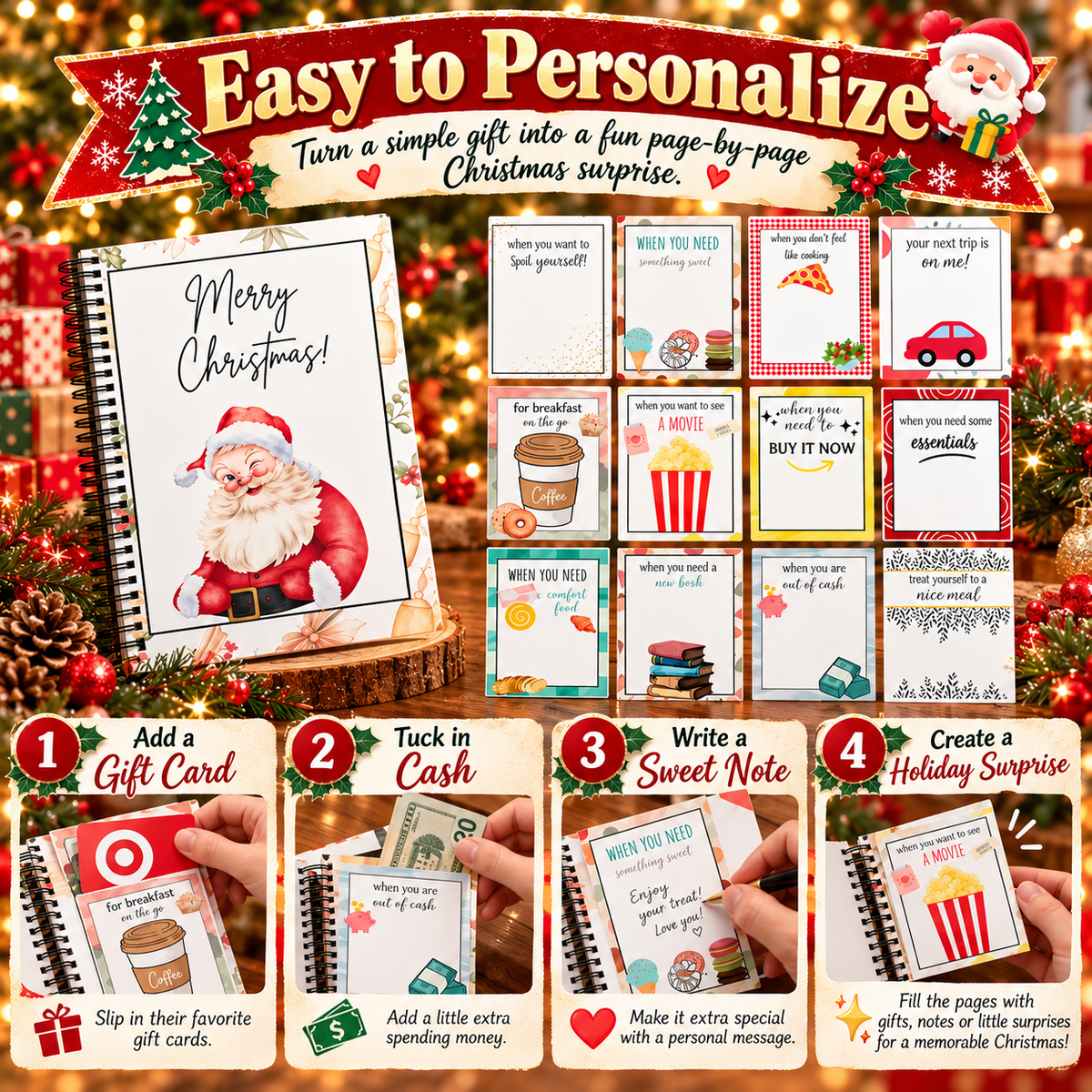 Christmas Gift Card Book – Spiral-Bound Personalized “Open When” Holiday Booklet for Gift Cards, Cash & Notes