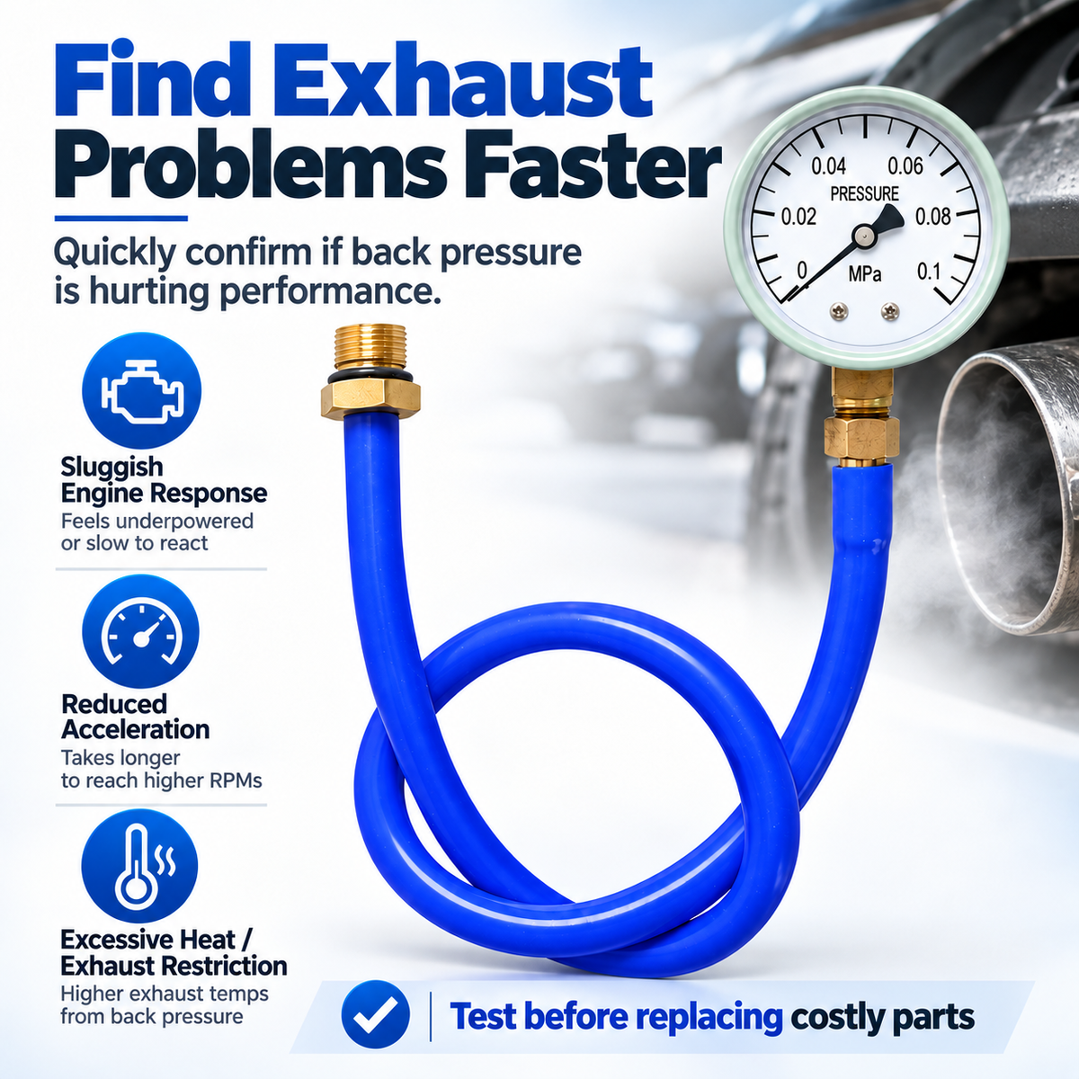 Exhaust Back Pressure Tester Kit – 2.5" Pressure Gauge with M12/M18 Adapters for Exhaust & Catalytic Converter Diagnostics