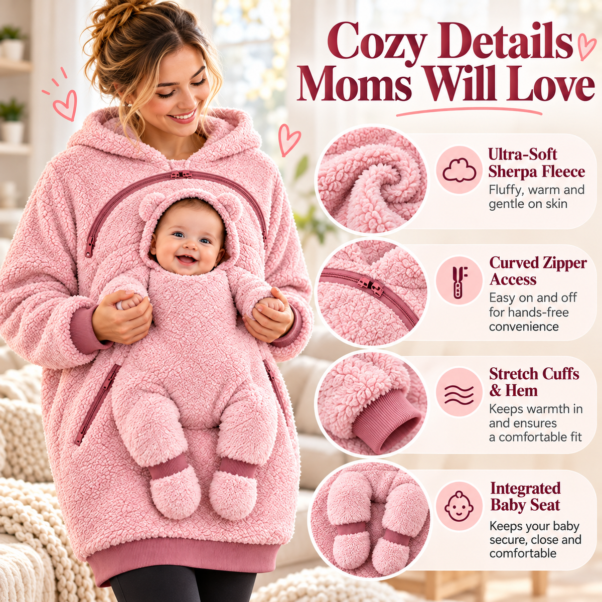 Baby Fleece Hoodie with Built-In Baby Seat – Cozy Babywearing Pullover for Moms & Dads