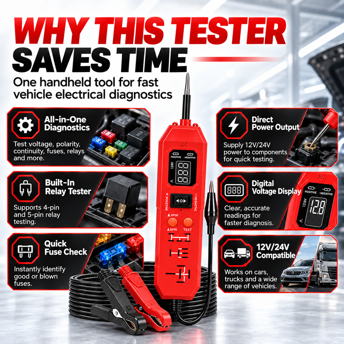 Automotive Circuit & Relay Tester – 12V/24V Electrical Diagnostic Power Probe with Voltage, Polarity, Continuity & Short-Circuit Testing