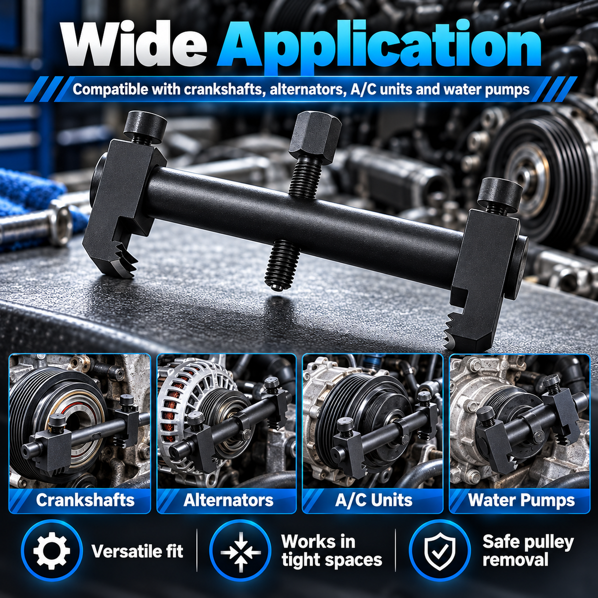 Adjustable Ribbed Pulley Puller – Low-Profile Crankshaft, Alternator, A/C & Water Pump Removal Tool