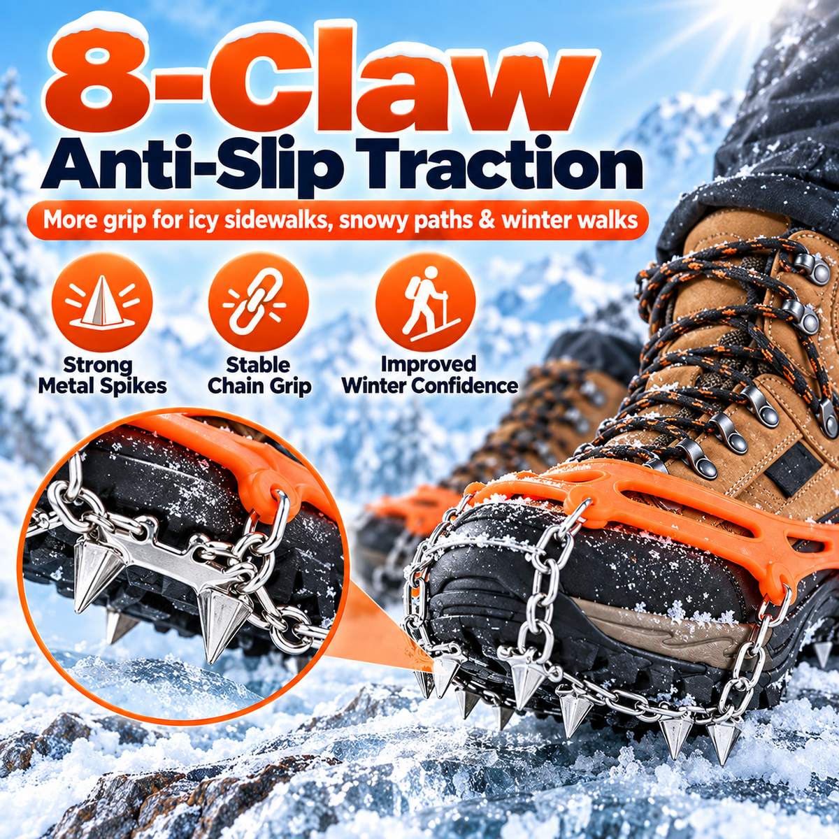 8-Spike Ice Cleats for Shoes & Boots – Stretch-Fit Anti-Slip Snow Grips for Winter Walking