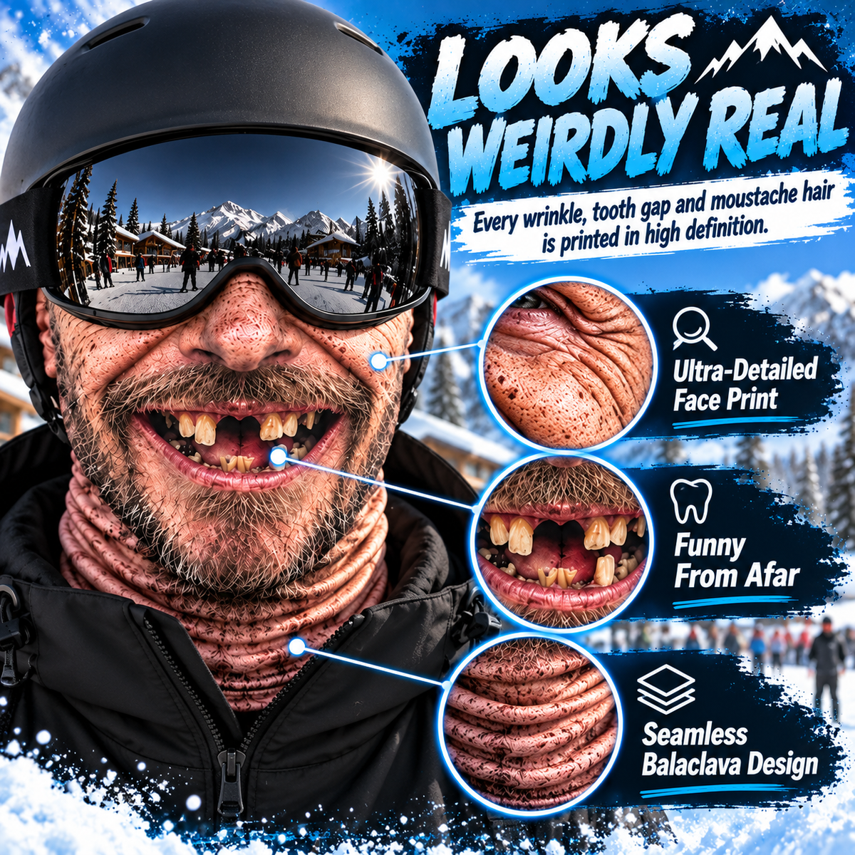 Realistic Old Man Ski Mask – Fleece-Lined Full-Face Balaclava for Skiing & Snowboarding