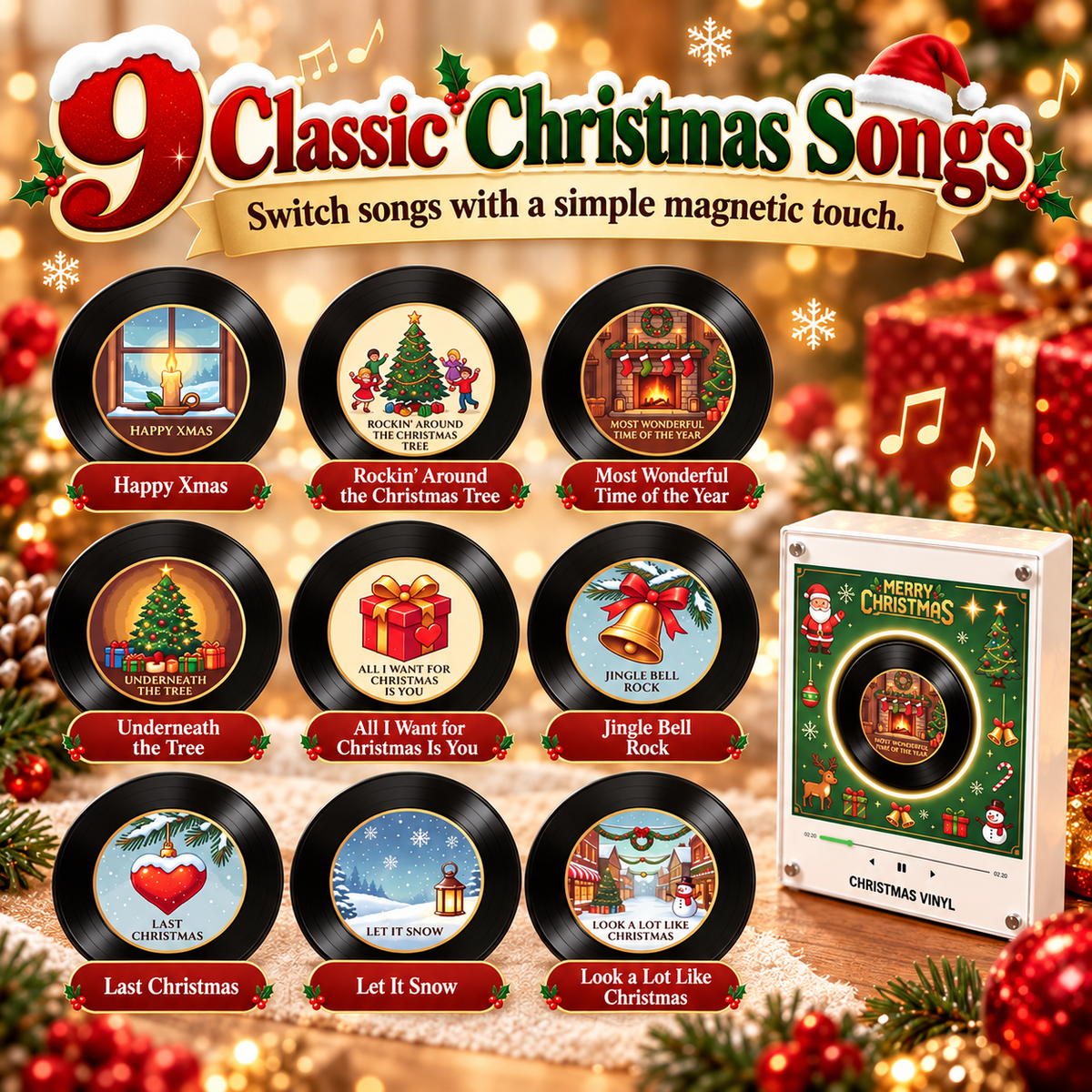 🎅Christmas Vinyl Fridge Music Player – Magnetic Holiday Speaker with 9 Song Discs