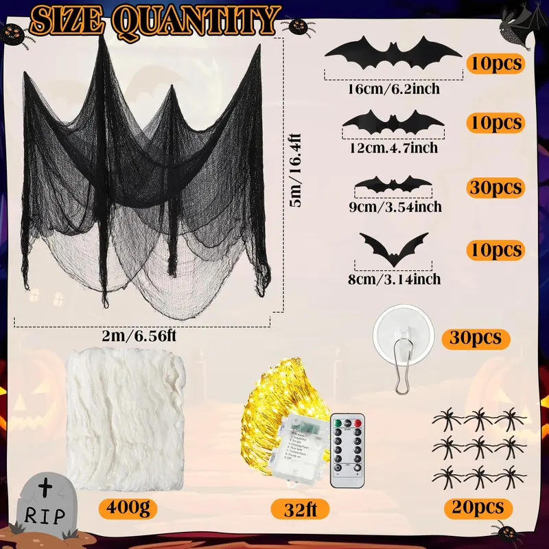Halloween Spider Web Decorations with 32FT String Lights, 300 sqft Stretch Cobwebs, Black Creepy Cloth, Fake Bats and Spiders for Indoor Outdoor Yard Doorway Entryway Decor