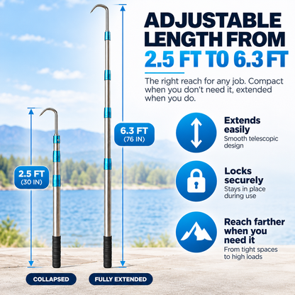 6.3 Ft Telescopic Cargo Grabber & Retriever – Adjustable Dual-Hook Pulling Tool for Pickup Trucks, Boats & Garages