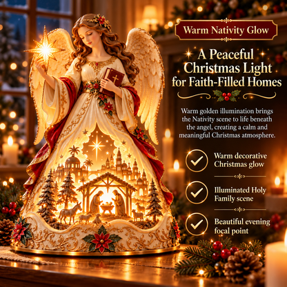 Lighted Christmas Angel Nativity Figurine – Bethlehem Star & Holy Family Tabletop Decor with Warm Golden Glow