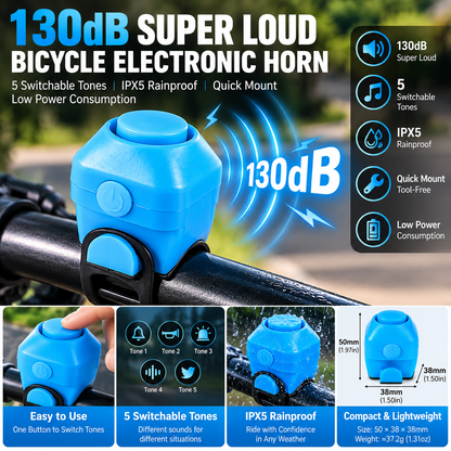 130dB Electronic Bike Horn – 5-Tone IPX5 Rainproof Bicycle Bell with Quick Silicone Mount