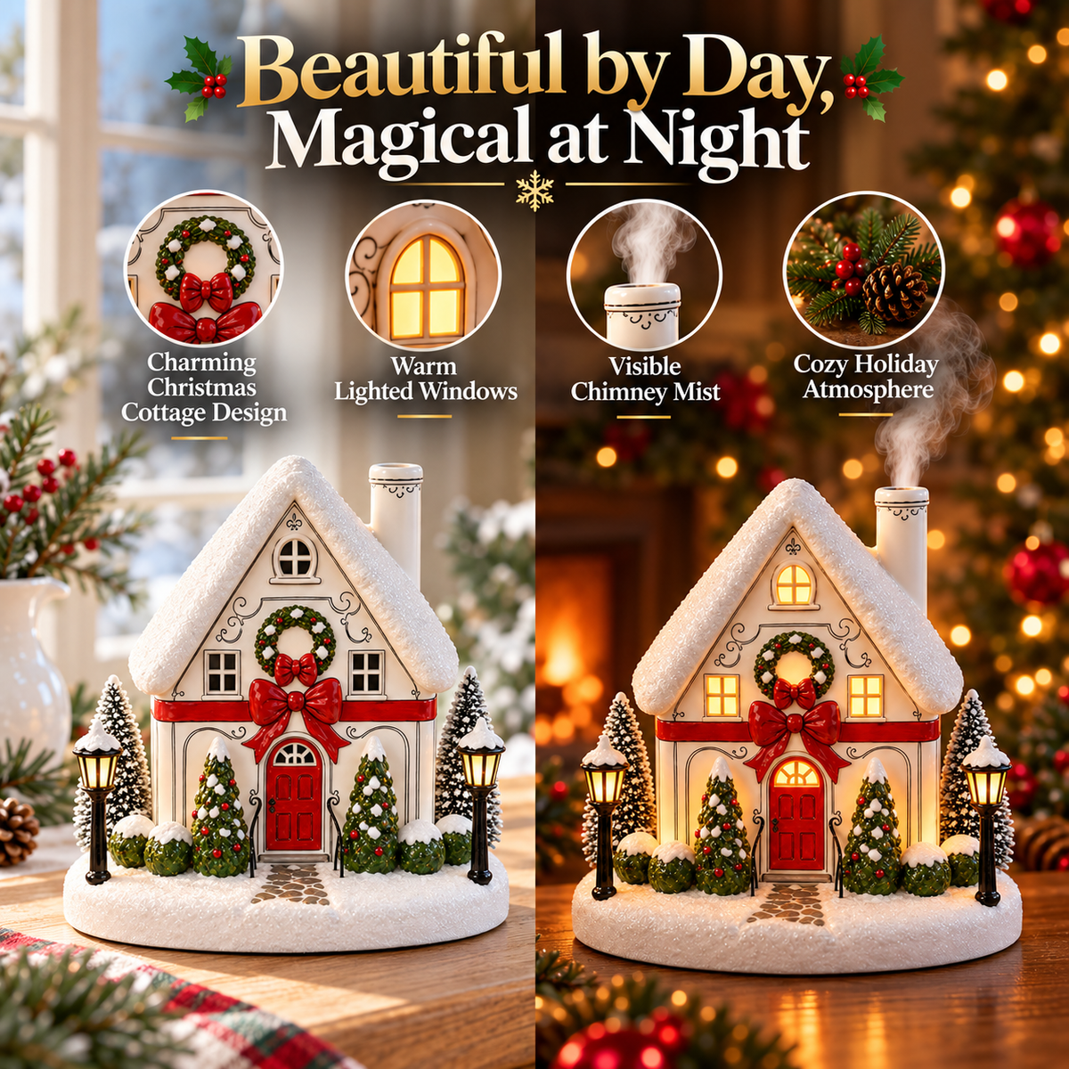 Christmas House Aroma Diffuser – Light-Up Holiday Humidifier with Chimney Mist & Warm Window Glow