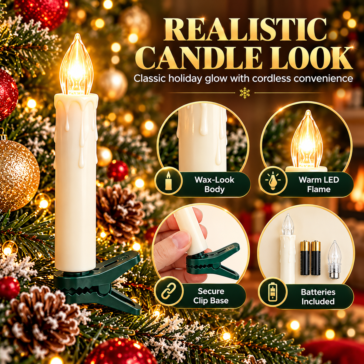 10-Pack Flameless Christmas Candle Clip Lights – Remote-Controlled Dimmable LED Tree Candles with Timer & Flickering Mode