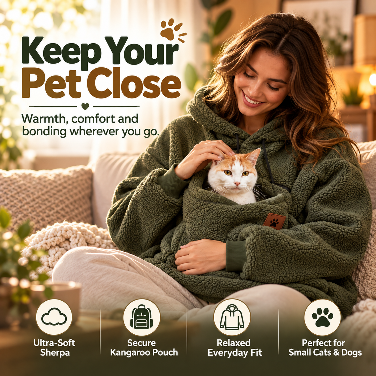 Sherpa Pet Carrier Hoodie with Cozy Kangaroo Pouch for Small Cats & Dogs