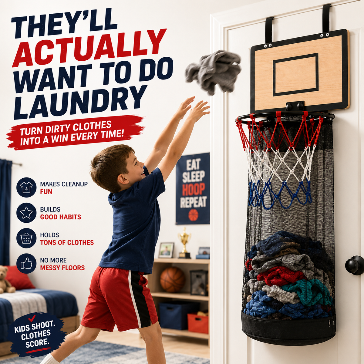 🔥Last Day 50% OFF-Over-the-Door Basketball Hoop Laundry Hamper – Fun Hanging Clothes Basket with Easy-Empty Zipper