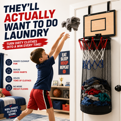 🔥Last Day 50% OFF-Over-the-Door Basketball Hoop Laundry Hamper – Fun Hanging Clothes Basket with Easy-Empty Zipper