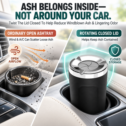 🚬Rotating-Lid Car Ashtray with Ceramic Liner – Cup Holder Design