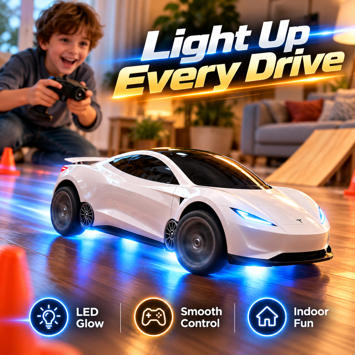 RC Roadster Stunt Car – Remote Control Sports Car with Blue LED Lights, Racing & Stunt Play for Kids