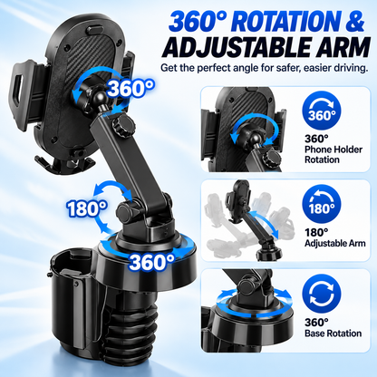 2-in-1 Car Cup Holder Phone Mount – 360° Adjustable Phone Stand & Drink Holder