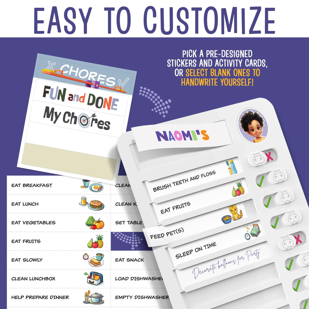 Customizable magnetic chore chart with sliding check and cross indicators