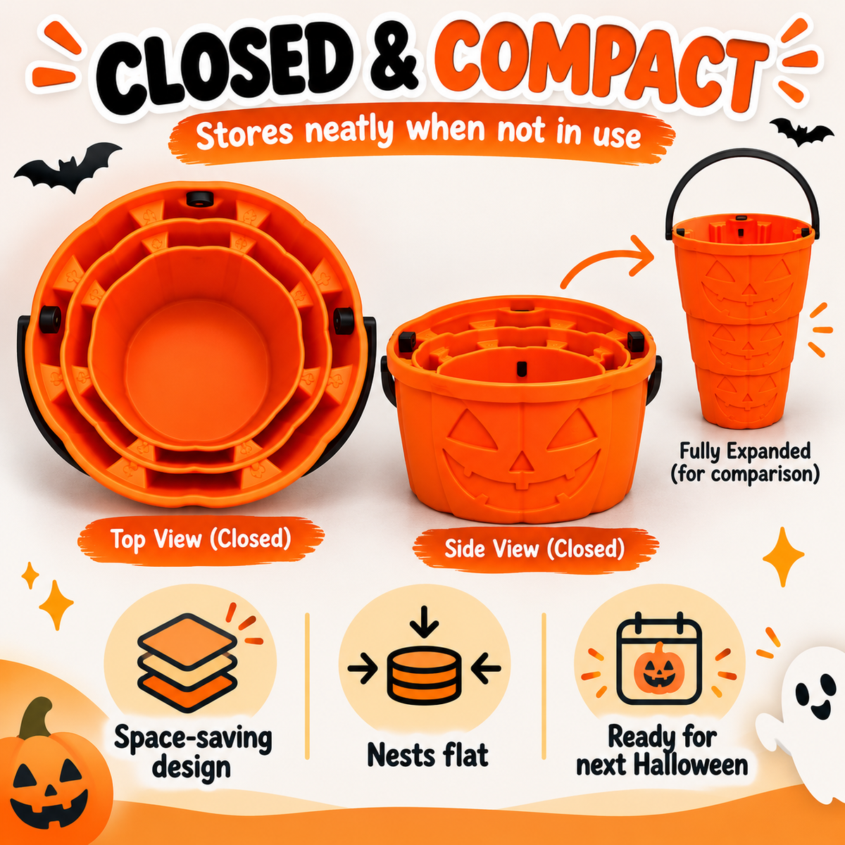 🎃Telescopic Pumpkin Halloween Bucket – Expandable 3D Printed Trick-or-Treat Container