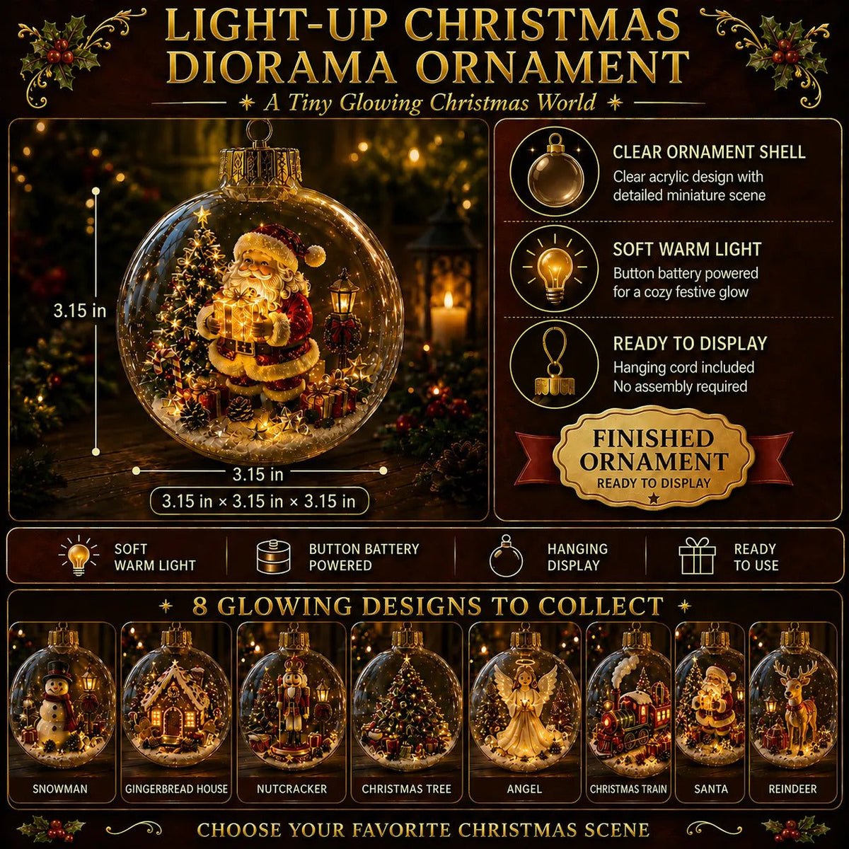 🎄 Lighted 3D Christmas Globe Ornament – Warm LED Mini Winter Scene Holiday Decor