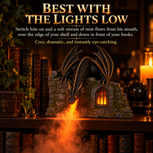 Dragon Castle Mist Humidifier – Glowing Flame Effect, Illuminated Castle Window & 6-Hour Mist Display