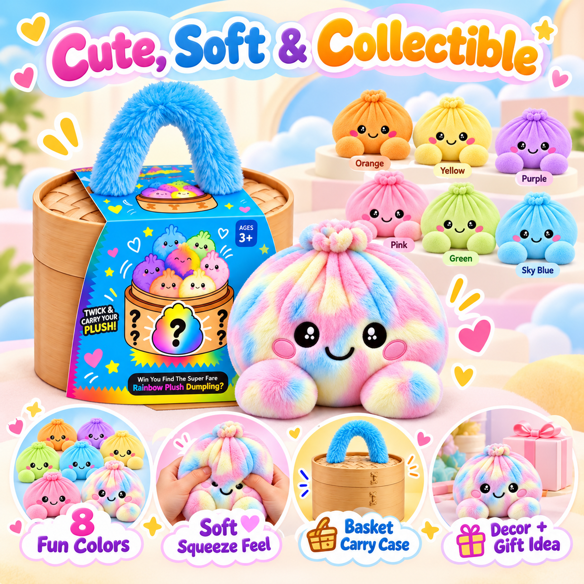 Rainbow Dumpling Plush Squishy with Bamboo-Style Steamer Basket – 8 Adorable Colors, Cute Stuffed Toy & Gift