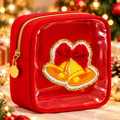 12-Pack Christmas Mini Makeup Bags with Clear PVC Window & Festive Chenille Patches – Holiday Gift Pouches for Teachers, Coworkers & Friends