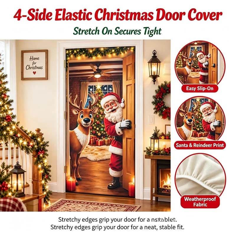 Christmas Door Cover - Stretch Fit Santa & Reindeer Door Decoration with 4-Side Elastic Edges🎅