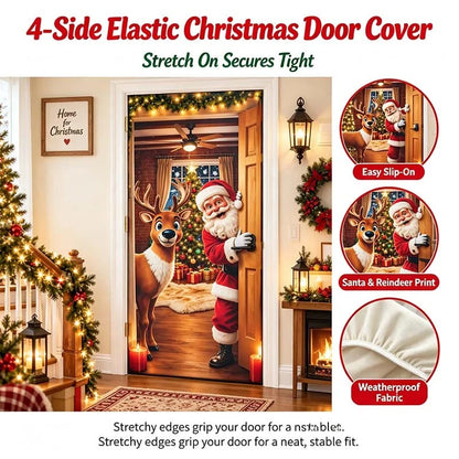 Christmas Door Cover - Stretch Fit Santa & Reindeer Door Decoration with 4-Side Elastic Edges🎅