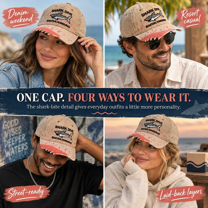 🦈 Shark Bite Baseball Cap | Embroidered Shark • Bite-Shaped Frayed Brim