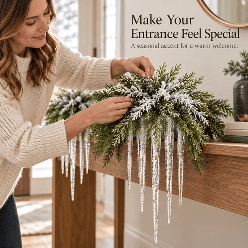Snow-Frosted Cedar & Icicle Hanging Accent