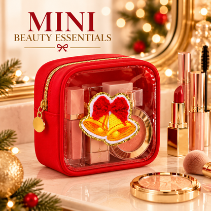 12-Pack Christmas Mini Makeup Bags with Clear PVC Window & Festive Chenille Patches – Holiday Gift Pouches for Teachers, Coworkers & Friends