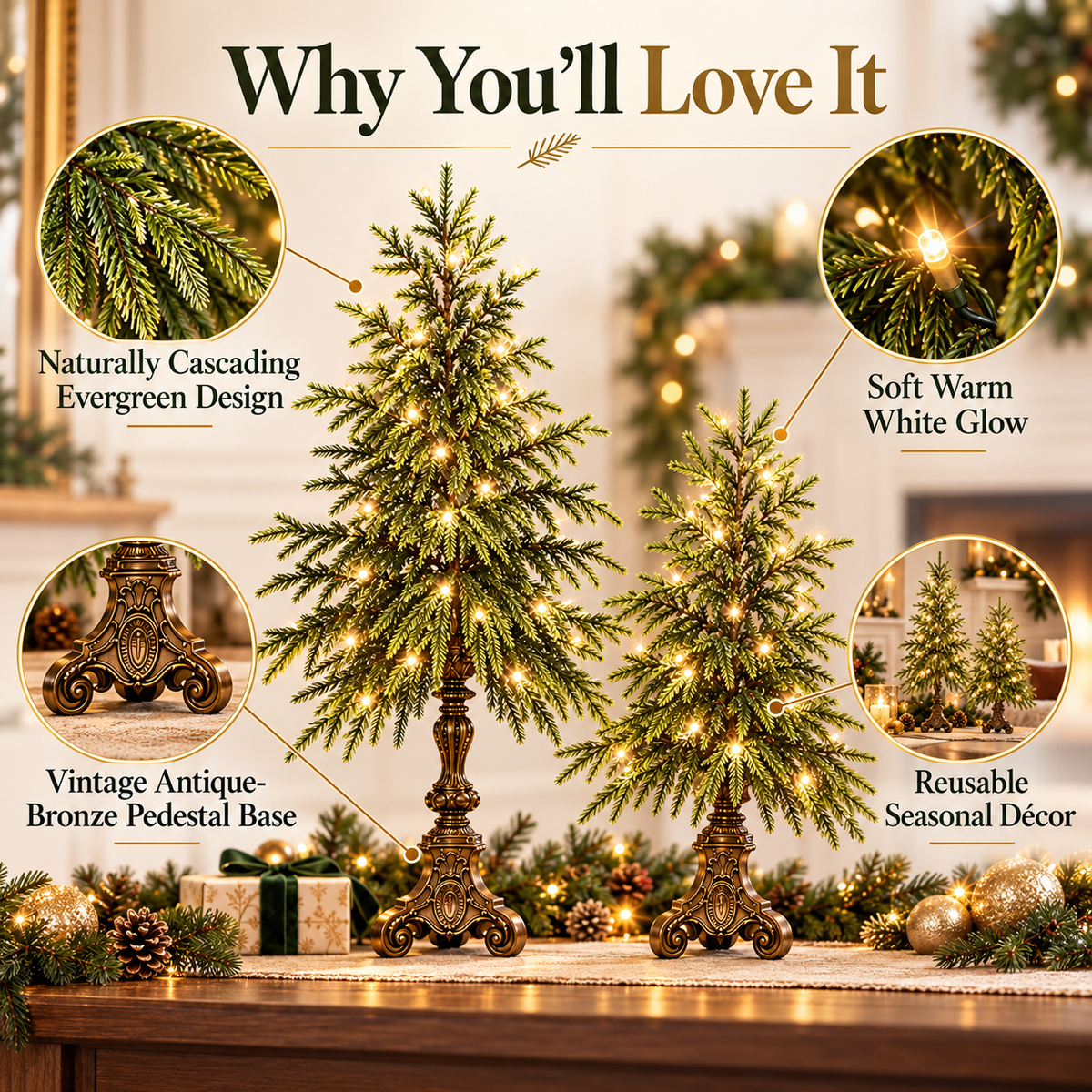 Vintage Lighted Norfolk Pine Trees – Warm White LED Christmas Tabletop Decor, 12″ & 18″