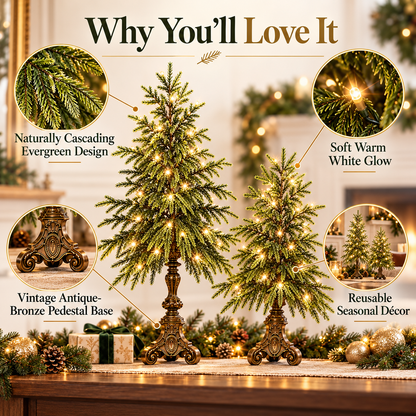 Vintage Lighted Norfolk Pine Trees – Warm White LED Christmas Tabletop Decor, 12″ & 18″