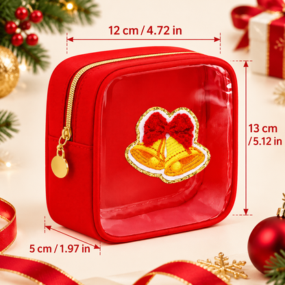 12-Pack Christmas Mini Makeup Bags with Clear PVC Window & Festive Chenille Patches – Holiday Gift Pouches for Teachers, Coworkers & Friends