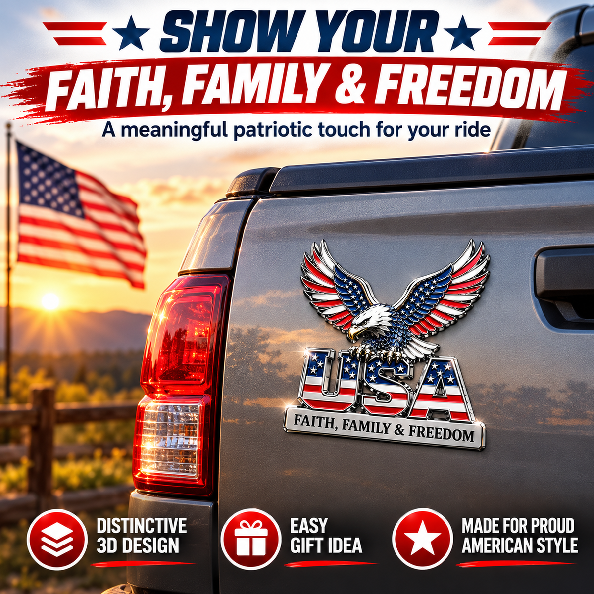 Eagle USA 3D Patriotic Car Decal – American Bald Eagle Metal Sticker, Faith Family & Freedom