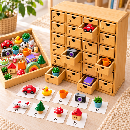 Montessori Phonics Cabinet With 120 Miniature Objects
