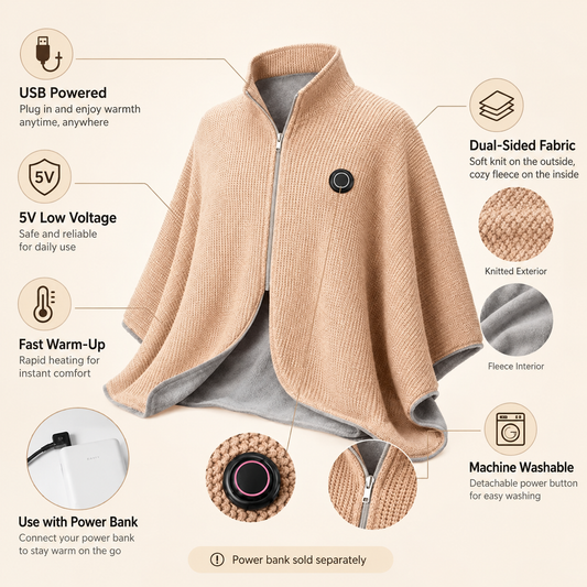 Wearable Heated Shawl 3 Heat Levels Portable Thermal Wrap