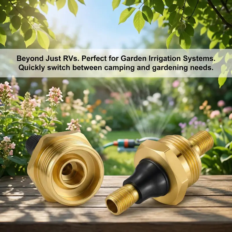 Brass RV Blowout Plug with Air Valve – Water Line Winterizing & Maintenance Adapter