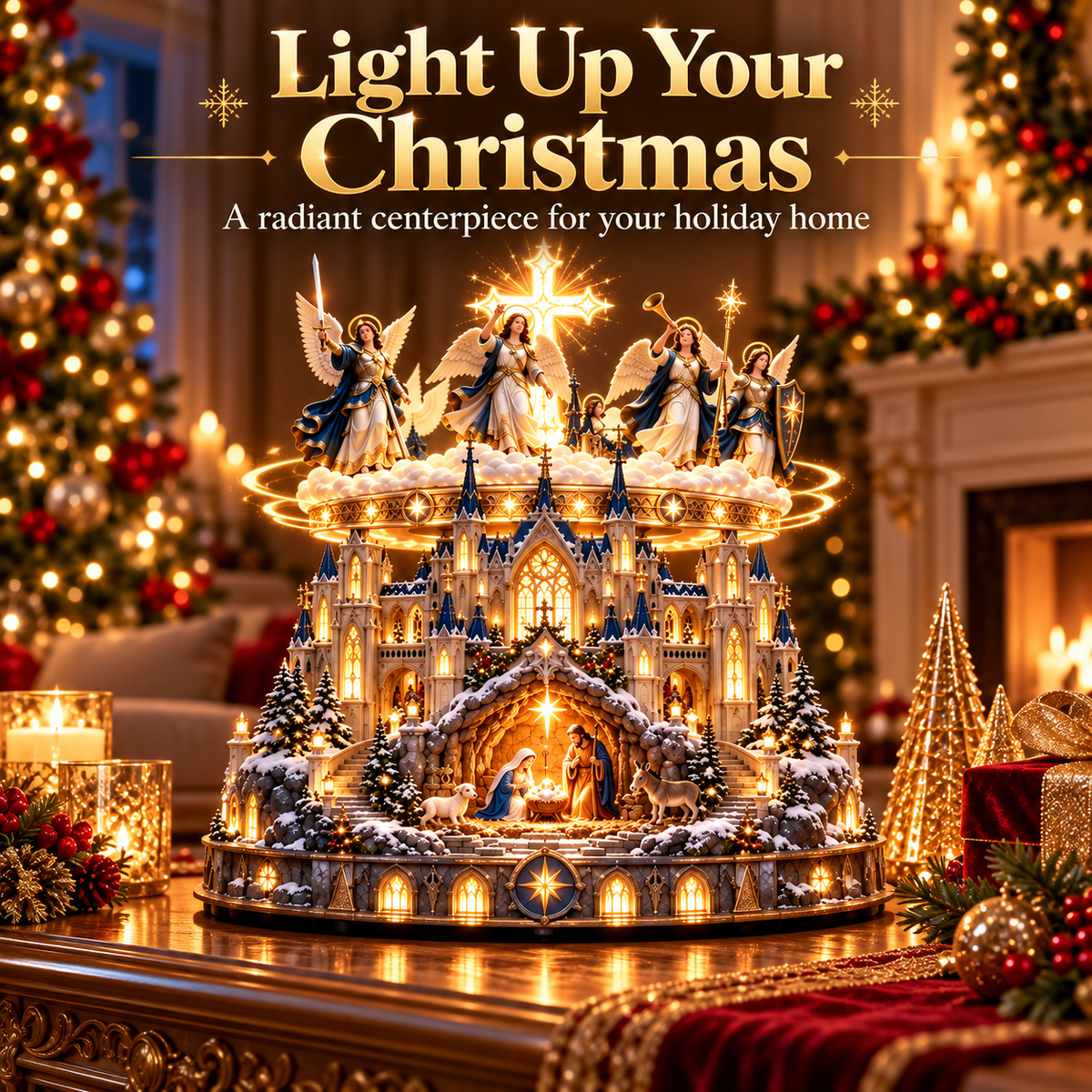 Rotating Angel Nativity Christmas Village – Lighted Cathedral & Holy Family Tabletop Decor-USB-C Rechargeable