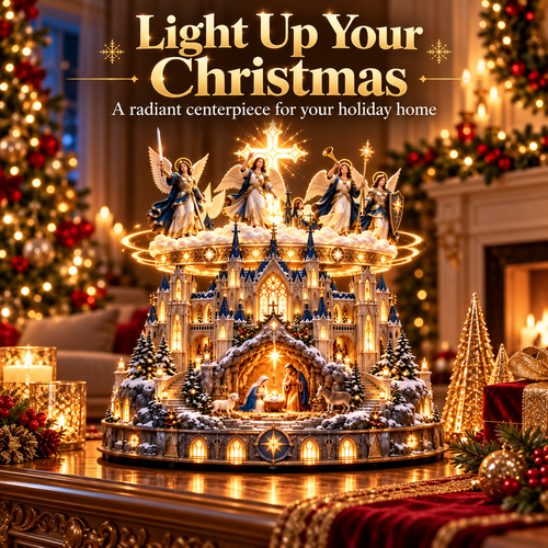 Rotating Angel Nativity Christmas Village – Lighted Cathedral & Holy Family Tabletop Decor-USB-C Rechargeable
