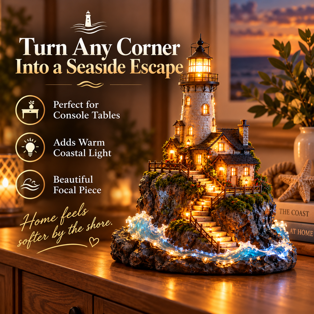 🗼 Illuminated Coastal Lighthouse Scene | Warm Seaside Tabletop Décor