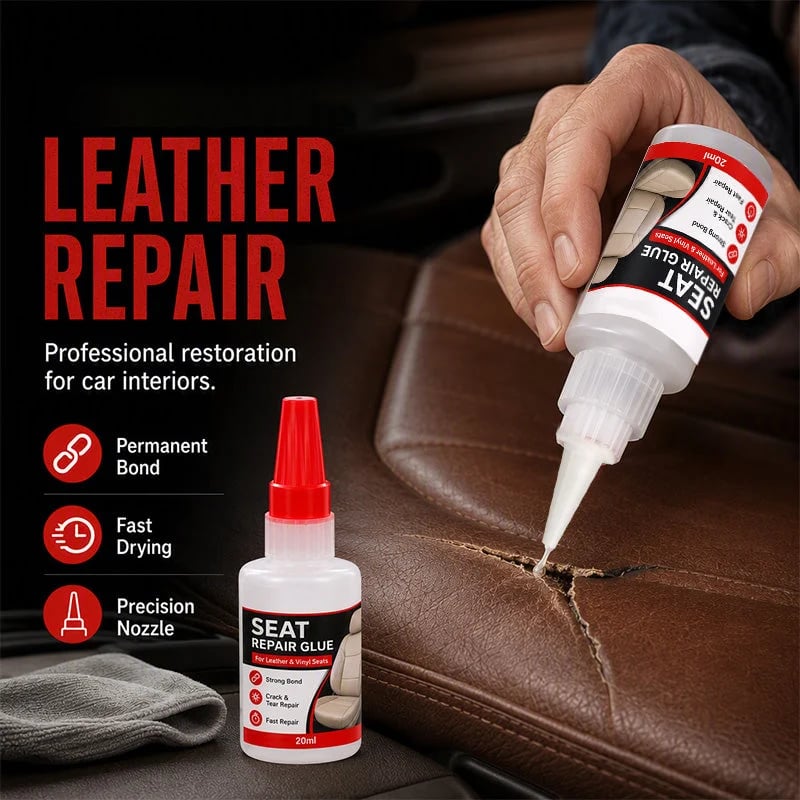 Quick dry car seat leather repair glue being applied with a precision nozzle to a torn brown leather seat